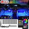 RGB LED car interior ambient light kit with music sync and remote control featuring multiple light strips and a smartphone co