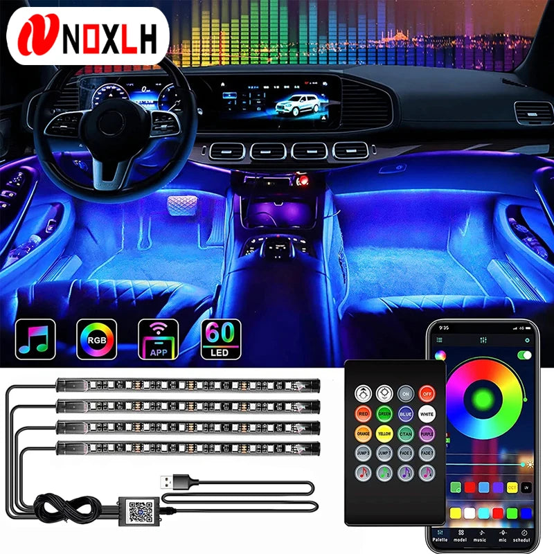 RGB LED car interior ambient light kit with music sync and remote control featuring multiple light strips and a smartphone co