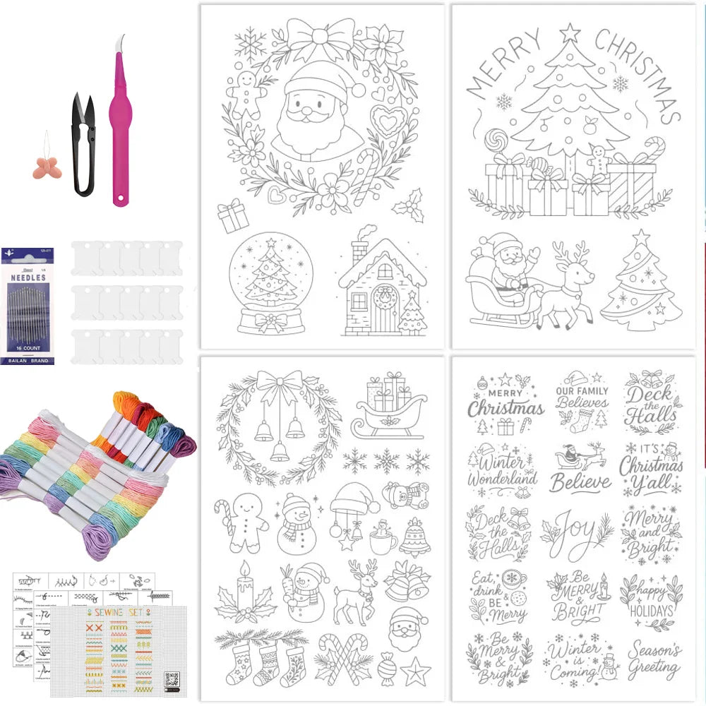 A set of four water-soluble embroidery stabilizer sheets and various needle tools for Christmas embroidery projects.