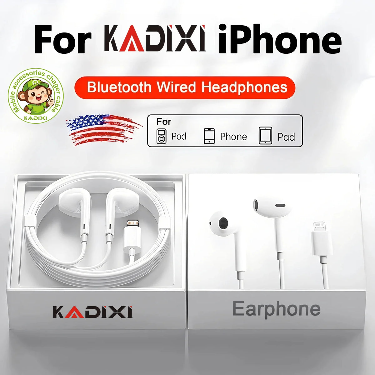 White wired Bluetooth earphones and charging cable packaged for iPhone devices