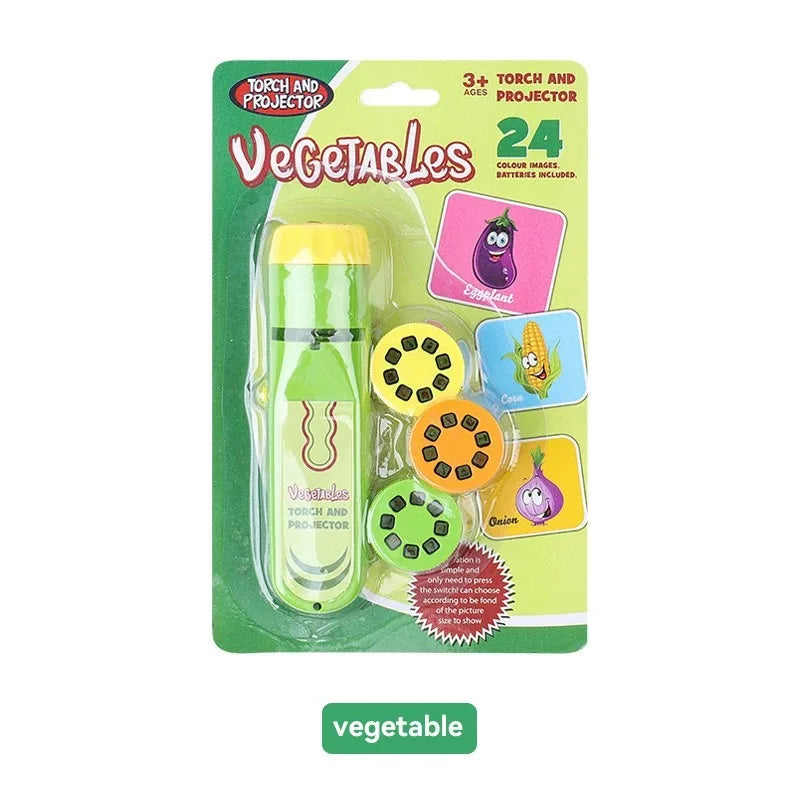 A package of 24 vegetable themed torch and projector toys for kids