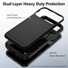 A black dual-layer heavy duty phone case showing a hard PC shell and a soft TPU shock absorbent layer.