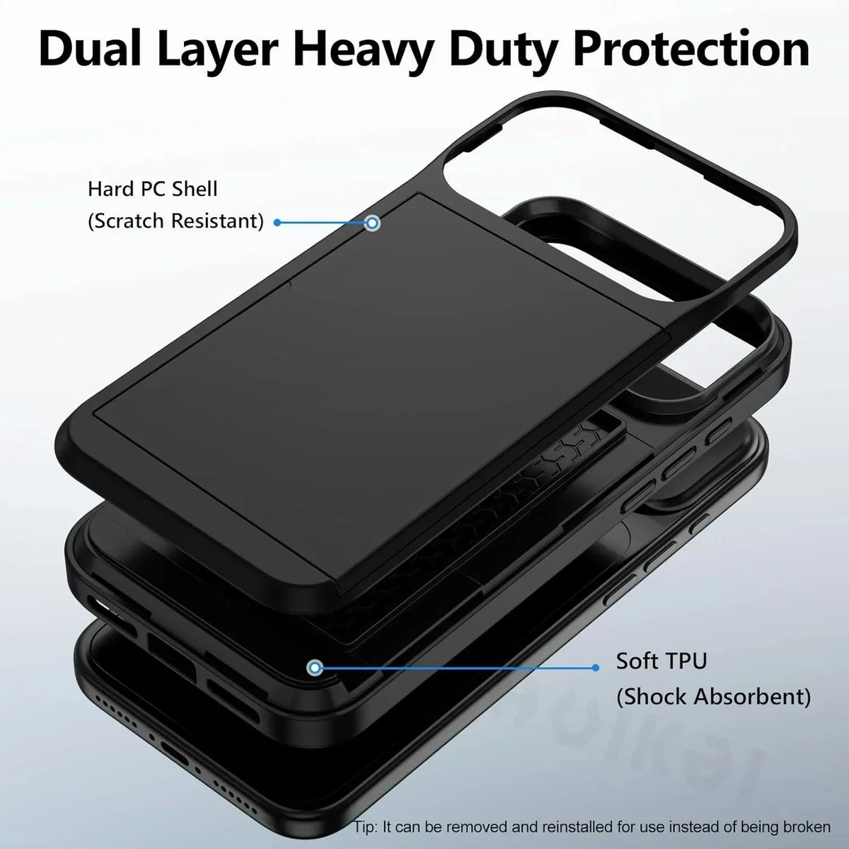 A black dual-layer heavy duty phone case showing a hard PC shell and a soft TPU shock absorbent layer.