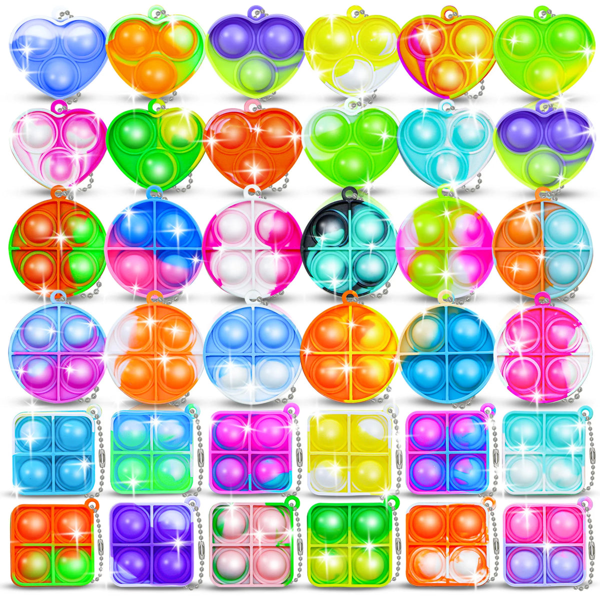 A collection of colorful mini pop keychain fidget toys in various colors and shapes.