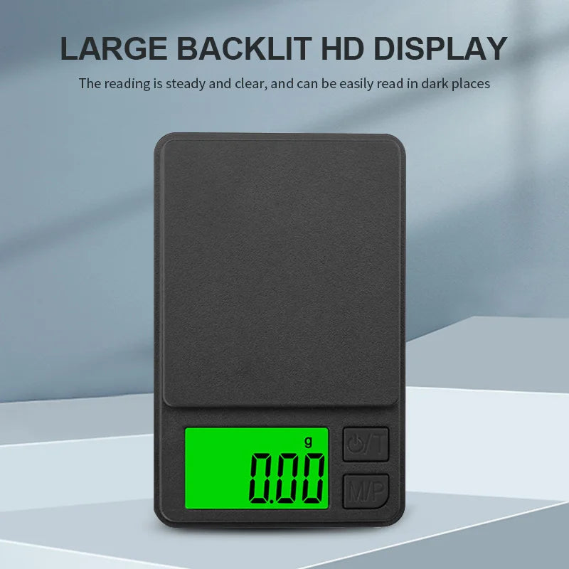 A black pocket digital scale with a green backlit LCD display showing 0.00 and a weight unit indicator.