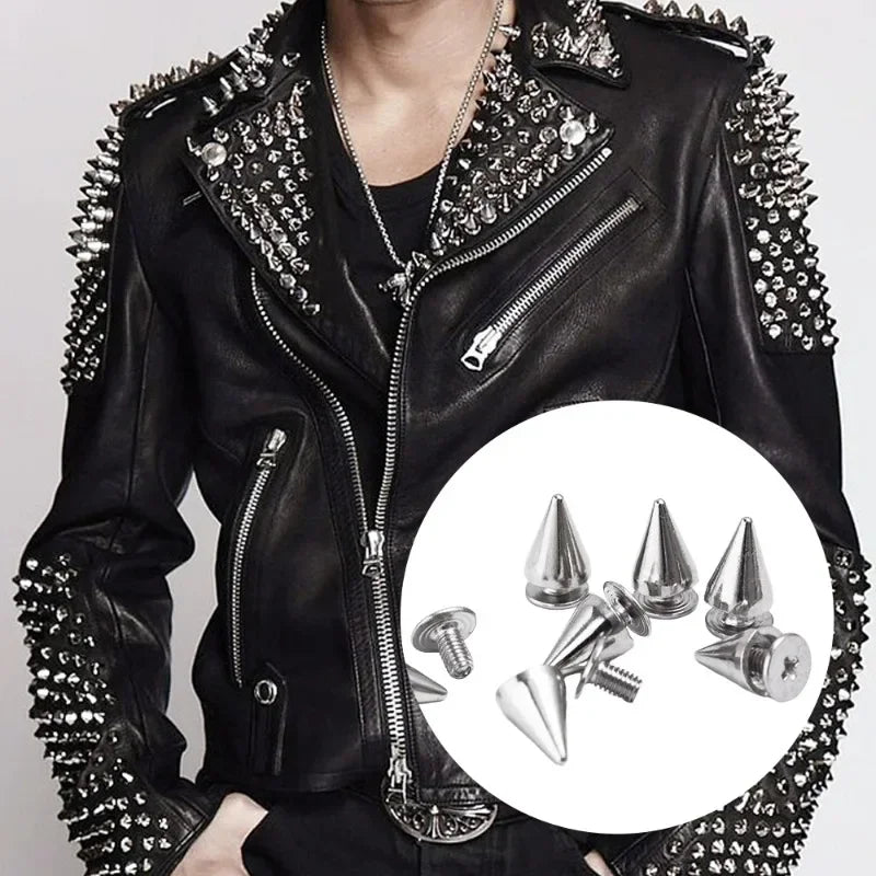 Black leather jacket featuring silver metal spike studs on the collar and sleeves.