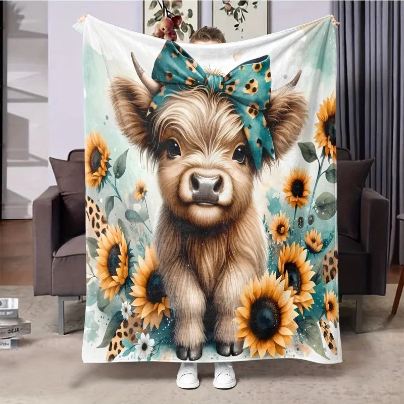 A flannel throw blanket featuring a Highland cow design surrounded by yellow sunflowers and green foliage.