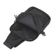 Black compact canvas crossbody bag with a zippered compartment and strap.