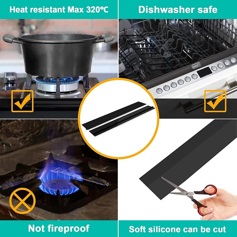 Black silicone stove counter gap cover with heat resistant and dishwasher safe features