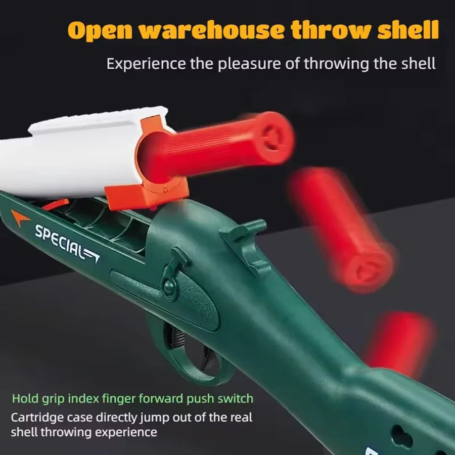 A green toy gun is shown ejecting a white shell, demonstrating the throwing experience.