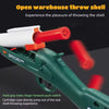 A green toy gun is shown ejecting a white shell, demonstrating the throwing experience.