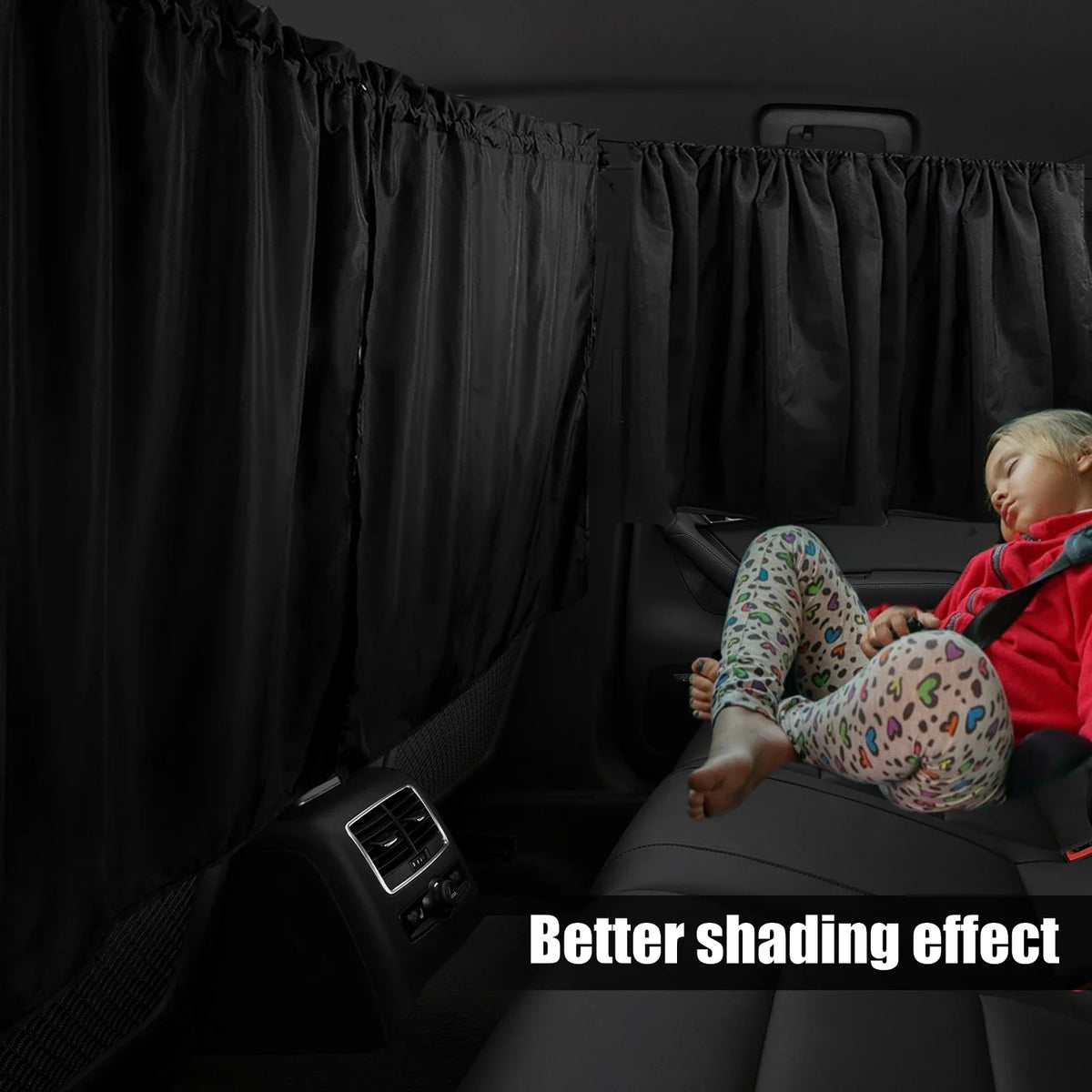 A child is seated in a car with privacy curtains drawn over the rear window, demonstrating a better shading effect.