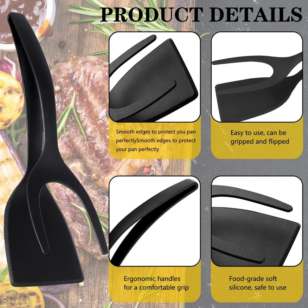 Black silicone spatula tongs with smooth edges and ergonomic handles for gripping and flipping pans