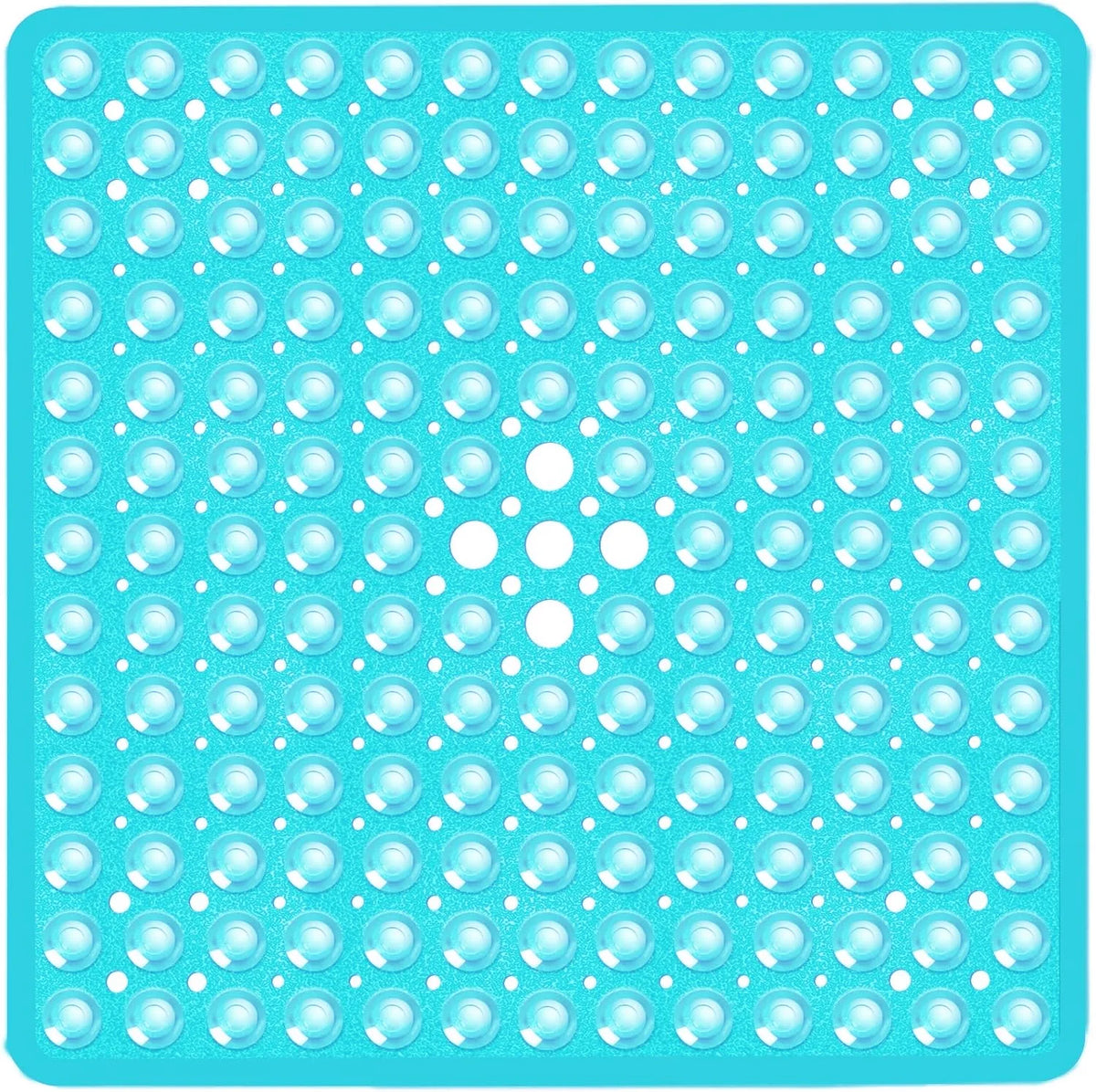 A blue non-slip shower mat with numerous suction cups for use on bathtub or bathroom floors.