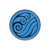 A round enamel pin featuring a swirling blue wave design with black accents.