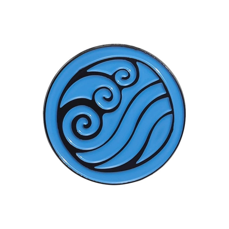 A round enamel pin featuring a swirling blue wave design with black accents.