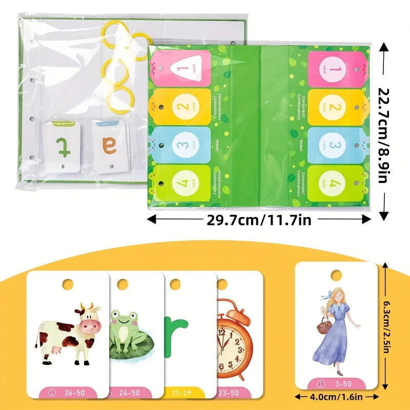A set of word builder flash cards for kids featuring numbers and letters, including cards with images like a cow, frog, and c