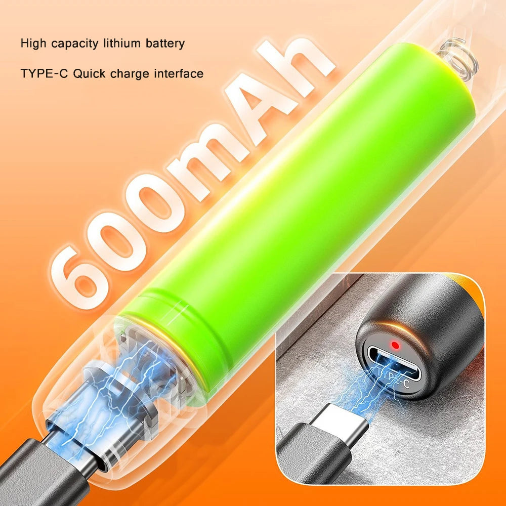 A bright green lithium battery with a Type-C quick charge interface is shown, demonstrating its use for electronics repair.