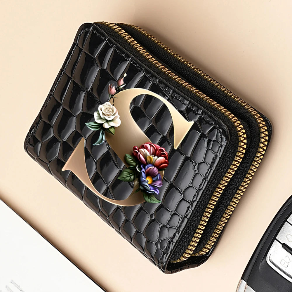 Alphabet Flower Double-Zip Card Wallet with Secure Clasp