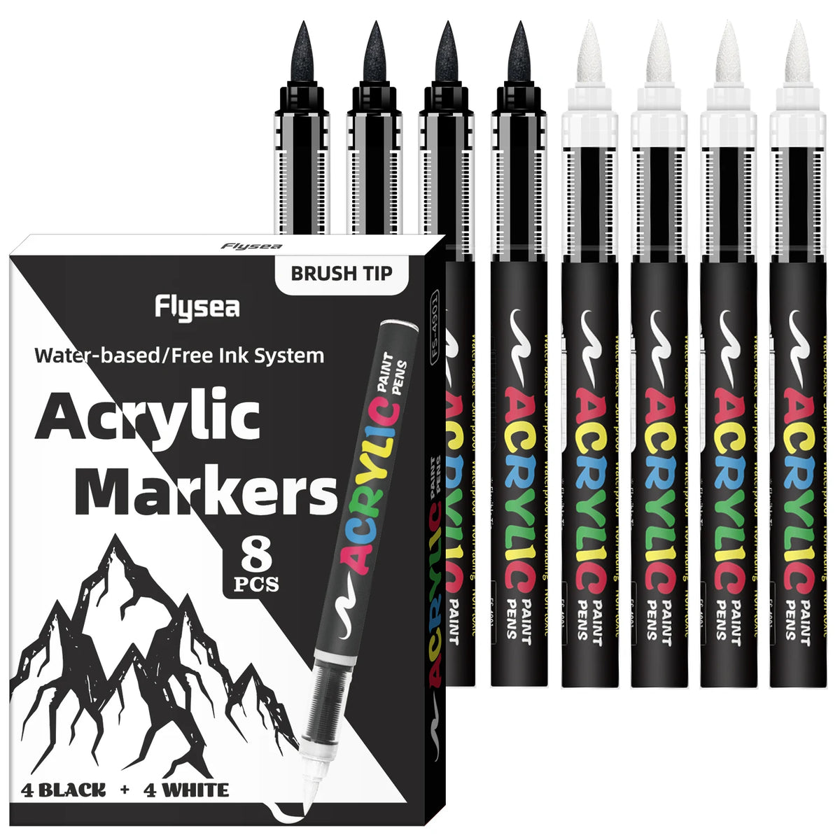 Un set de huit marqueurs de peinture acrylique noir et blanc avec des pointes de pinceau, présentés dans une boîte.