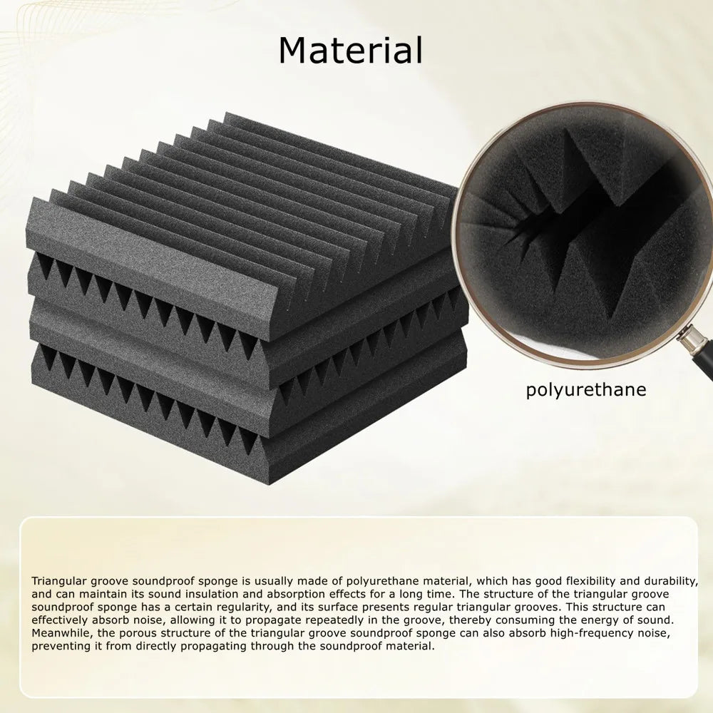 A stack of black polyurethane triangular groove soundproof foam panels used for acoustic treatment.