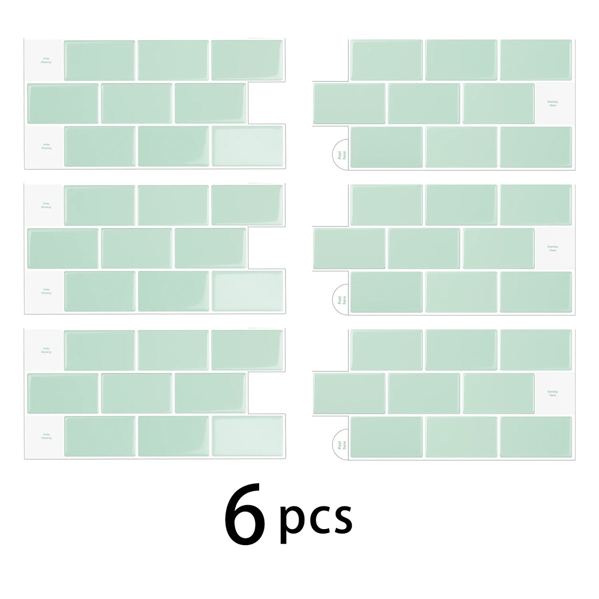 A set of six light mint green 3D waterproof peel-and-stick kitchen wall tiles arranged in a grid.