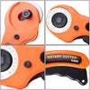 Orange rotary cutter sewing kit with cutting mat, ruler, and spare blades shown in multiple angles