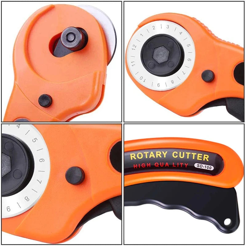 Orange rotary cutter sewing kit with cutting mat, ruler, and spare blades shown in multiple angles
