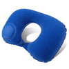 A bright blue self-inflating travel neck pillow with a soft flocking cover.