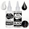 A set of white and black paste resin dye pigments in dropper bottles with a glass sample.