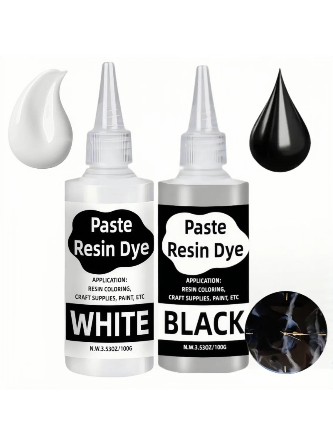 A set of white and black paste resin dye pigments in dropper bottles with a glass sample.