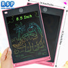A pink 8.5 inch LCD writing tablet for kids showing a dinosaur drawing on a black screen.