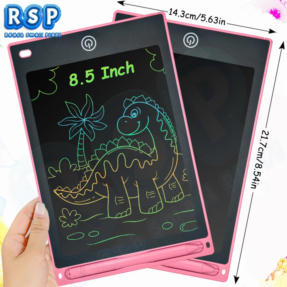 A pink 8.5 inch LCD writing tablet for kids showing a dinosaur drawing on a black screen.