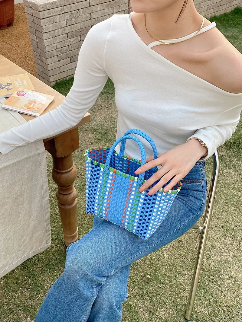 Hand-Woven PVC Tote Bag with Striped Patchwork Design