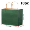Ten dark green eco-friendly kraft paper bags with handles for gifts and shopping