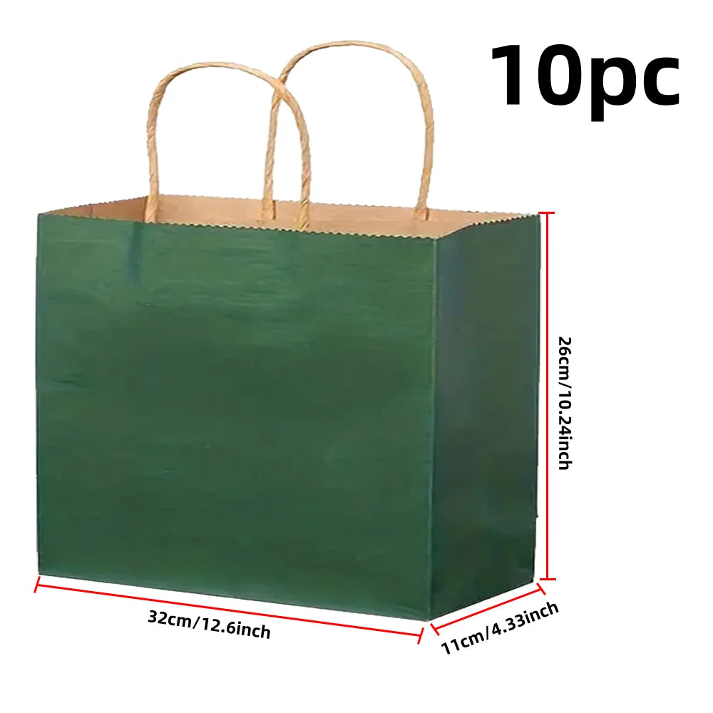 Ten dark green eco-friendly kraft paper bags with handles for gifts and shopping