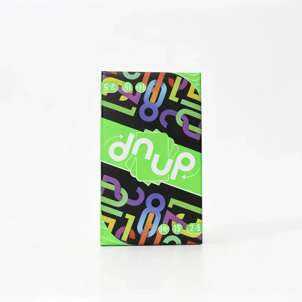 A vertical deck of Omega Card Game featuring a vibrant green background with colorful abstract symbols and the word DUP.