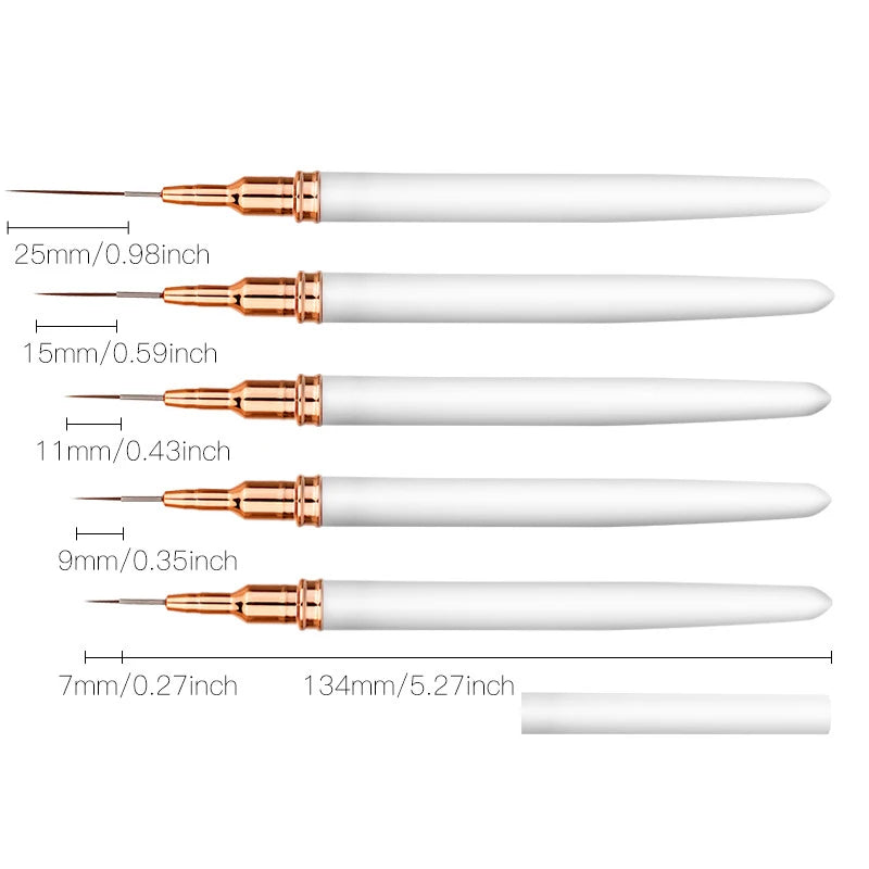 A set of five professional nail art liner brushes with varying tip sizes and a white handle.