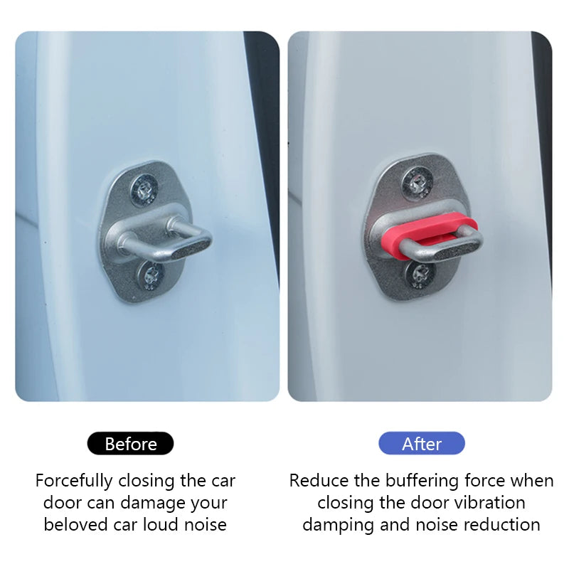 Before and after comparison showing a silicone door pad for reducing car door noise and vibration.