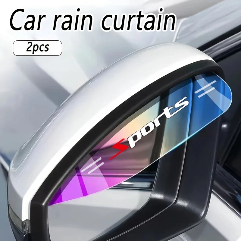 Two flexible PVC rain curtains for car side mirrors shown in a close-up view.