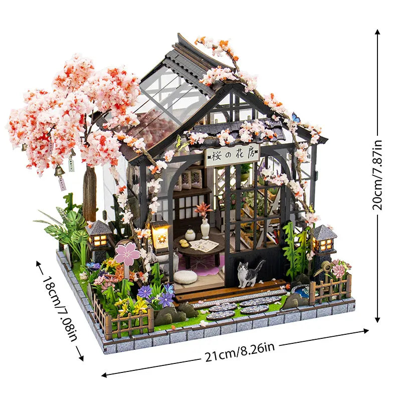 DIY miniature Japanese sakura tea house wooden kit featuring a detailed facade and LED lighting
