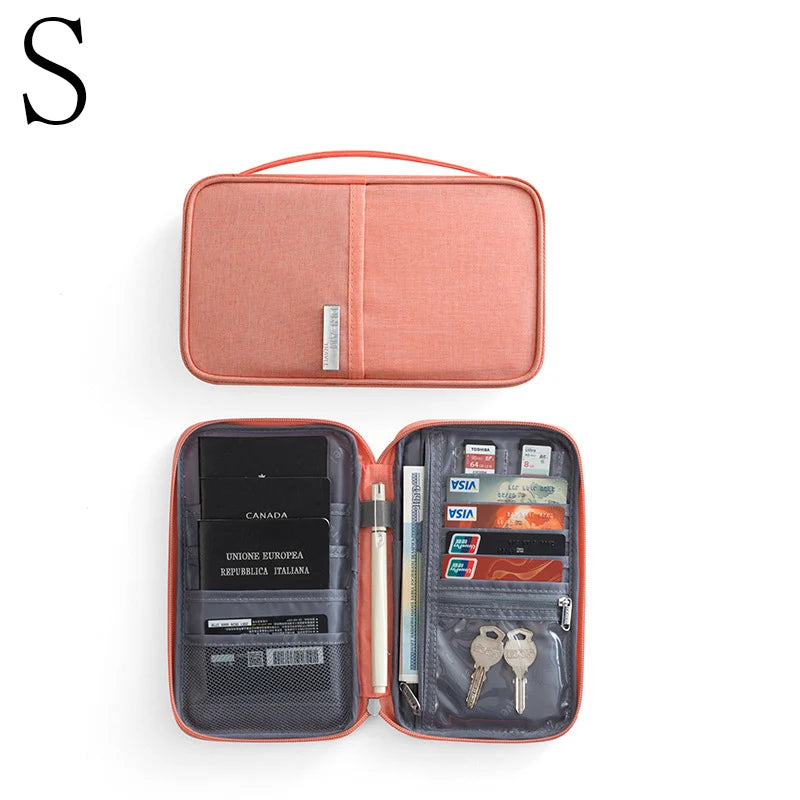 A salmon-colored waterproof family passport and document organizer wallet with a leather-like finish.