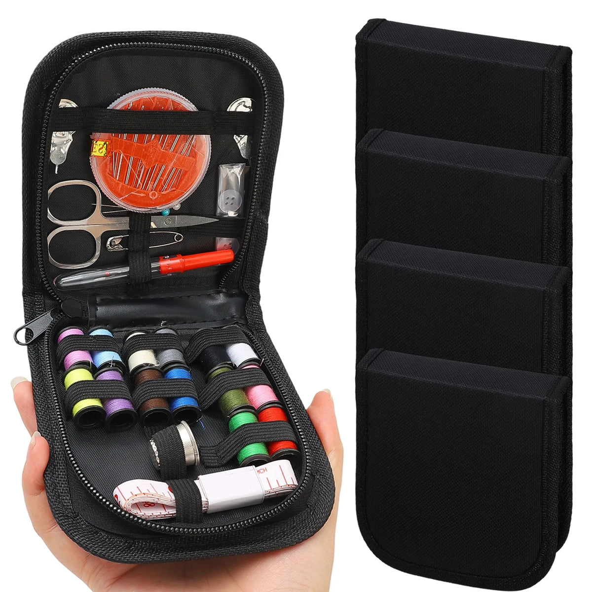 A portable multi-function sewing kit with various tools, needles, and threads is shown in an open black case and separate sto