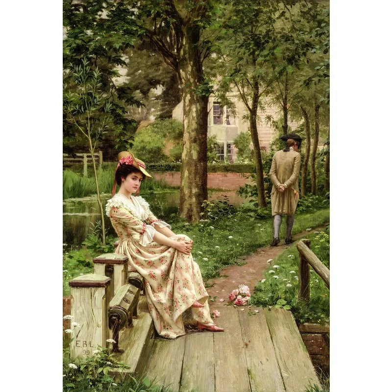 A painting depicting a woman in period dress sitting on a wooden step in a lush garden setting.