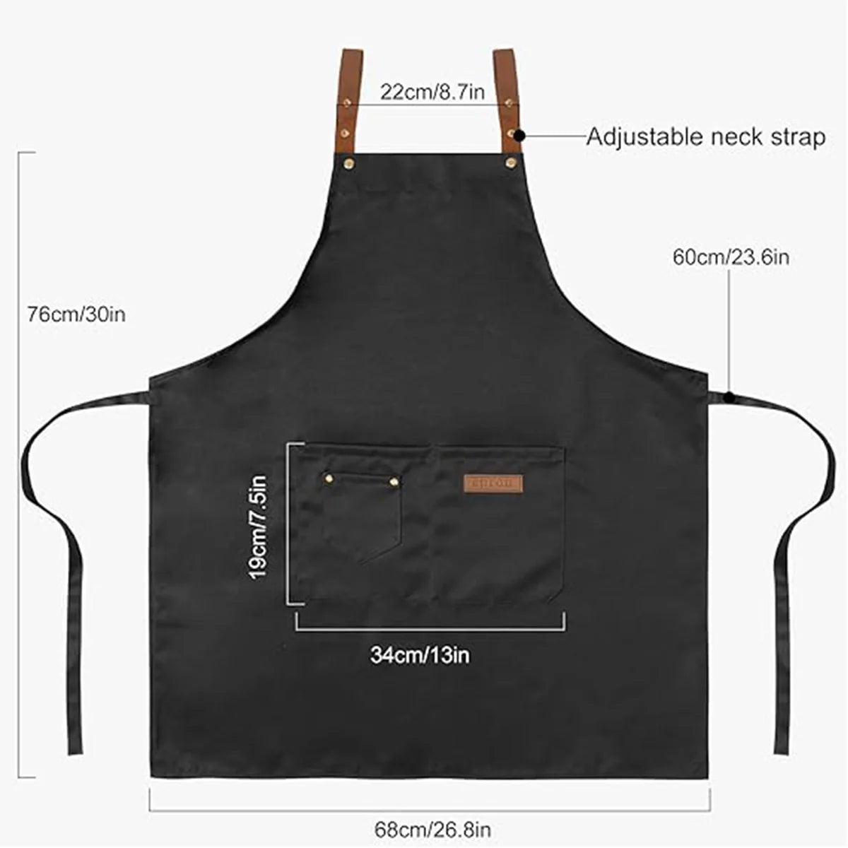 Black adjustable polyester kitchen apron with a pocket and adjustable neck strap