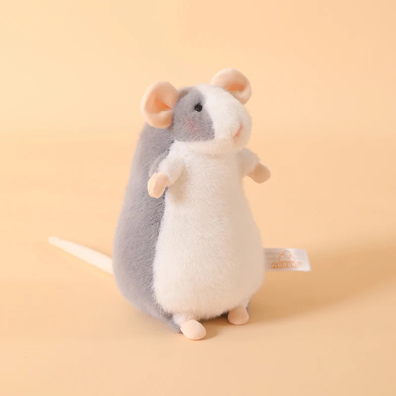 A fluffy gray and white plush mouse stuffed animal with a keychain loop.