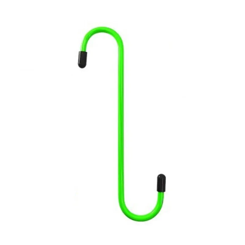 A bright green brake caliper hanger S-hook tool for auto repair.