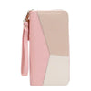 A light pink and cream colored women's long zip-around PU leather wallet with card slots.
