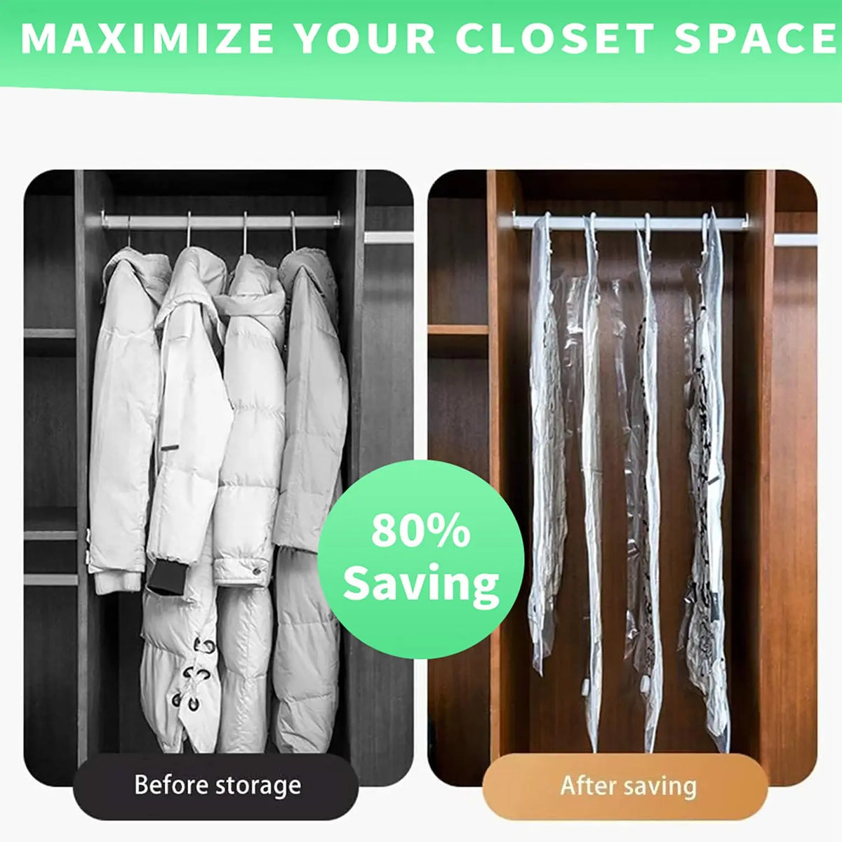 Before and after comparison showing hanging vacuum storage bags for clothes maximizing closet space