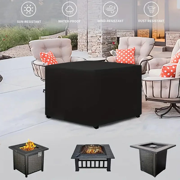 A black fire pit cover with a drawstring is shown alongside square fire pits and outdoor furniture.